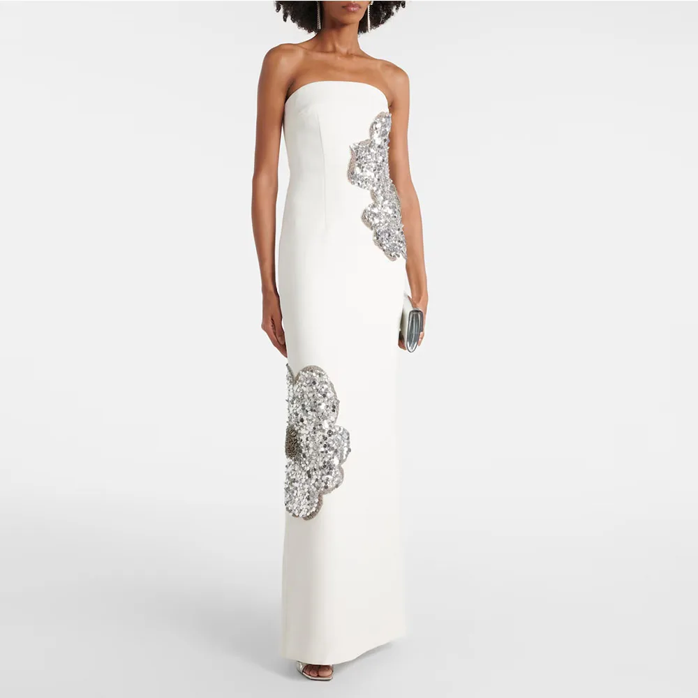 럭셔리 Strapless 아이보리 이브닝 가운 웨딩 인어 공식 파티 드레스 바닥 길이 민소매 댄스 파티 드레스 스팽글 사우디 드레스