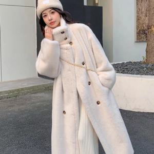 중국 스타일 빈티지 레이디 우아한 밍크 모피 코트 X-롱 터틀넥 여성 가짜 모피 아웃웨어 럭셔리 여성 더블 브레스트 자켓