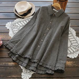 고급 일본 브랜드 여성용 빈티지 린넨 플래드 긴팔 셔츠 가을 루즈핏 슬리밍 코튼 린넨 탑 폴로 칼라 버튼업