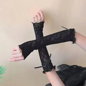 레이스 프릴 Y2k 장갑 핑거리스 장갑 장갑 JK 로리타 카와이 여성 메쉬 Fishnet Bowknot 블랙 화이트 장갑 자외선 차단