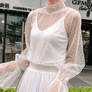 메쉬 레이스 여성 블라우스 우아한 스티칭 퍼프 긴팔 블라우스 하이넥 물방울 무늬 오피스 여성 셔츠 탑 2025