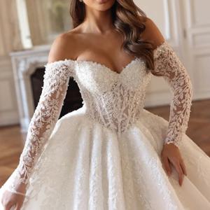 사용자 정의 연인 레이스 업 볼 가운 웨딩 드레스 Exquaisite Appliques 긴 소매 공주 신부 가운 Vestido De Novia