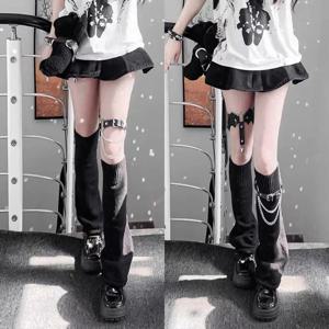 Y2K 펑크 니트 레그 워머 로리타 양말 플레어 니트 롱 워머 발 커버 스트라이프 Jk 가을 레그워머 허벅지 높이 로리타