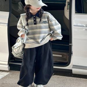 여아 캐주얼 스트라이프 폴로 셔츠 베이스 레이어 와이드 레그 팬츠 투피스 세트 트렌디한 봄 가을 코튼 편안한 의상