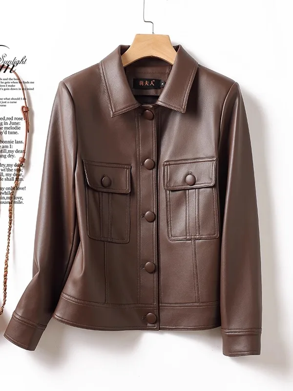  Ning 여성용 가죽 자켓 Cool Sli Wind 2025 새로운 봄 가을 소형 사이즈 정품 양가죽 바이커 칼라