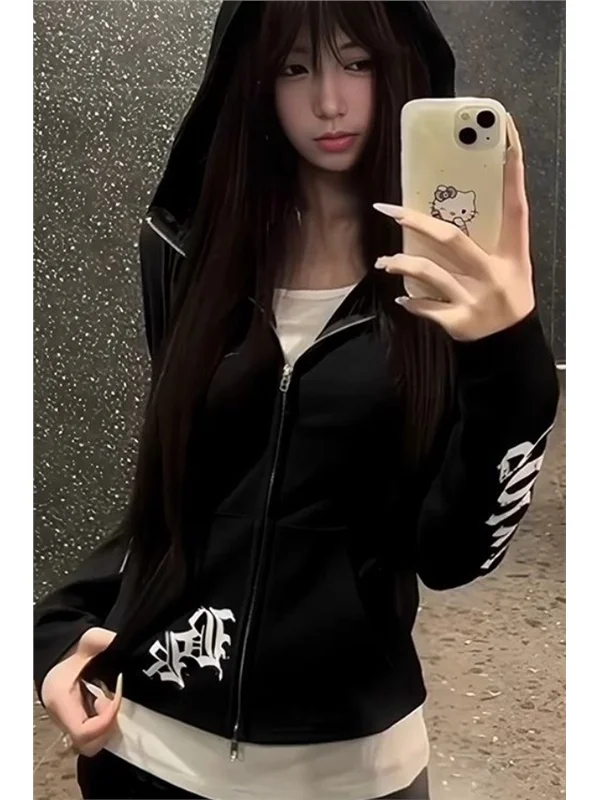 아메리칸 레트로 프린트 후드티 여성용 봄 가을 2025 신상 슬림 스윗 앤 스파이시 걸 오픈 가디건 숏 트렌디 탑