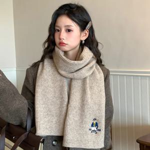 여성용 두꺼운 모직 스카프, 곰 자수 니트 다기능 겨울 패셔너블 따뜻한 넥 워머 숄 스카프