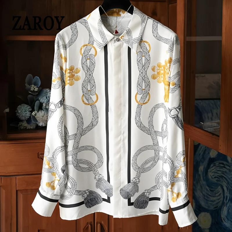 카미사스 최신 독점 여성 럭셔리 셔츠 긴 소매 라펠 새틴 셔츠 올드 머니 프린트 브랜드 디자인 셔츠 OL 블라우스