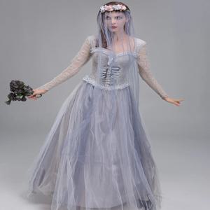 호러 고스트 웨딩 드레스 레이스 찢어진 의상 할로윈 플러스 사이즈 좀비 해골 신부 뱀파이어 여성 에스닉 무대 의상