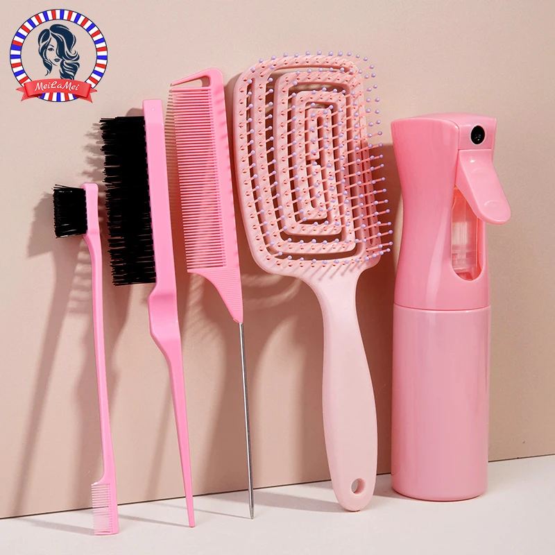 5pcs 빗 세트 편안한 탄성 마사지 빗 중공 헤어 브러시 두피 마사지 빗 헤어 스타일링 스프레이 병 헤어 살롱 도구