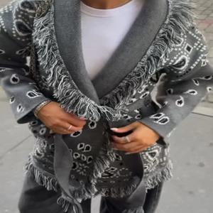 2026 봄 태슬 니트 자카드 여성 가디건 루즈 패치워크 브이넥 긴팔 두꺼운 따뜻한 스웨터 여성용 신상 니트웨어