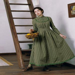 티이하일리 봄 가을 여성용 그린 스트라이프 프린트 드레스 긴 소매 롱 맥시 여성용 S-XL 빈티지 하이 웨이스트 2025 터틀넥