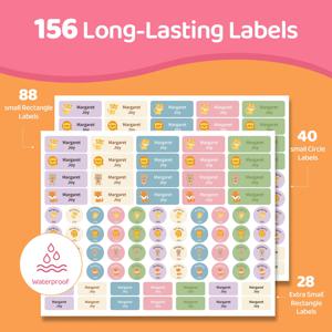 어린이를 위한 맞춤 이름 라벨 156개, 방수 학교 스티커, 병용 직사각형 및 원형 라벨, 용품