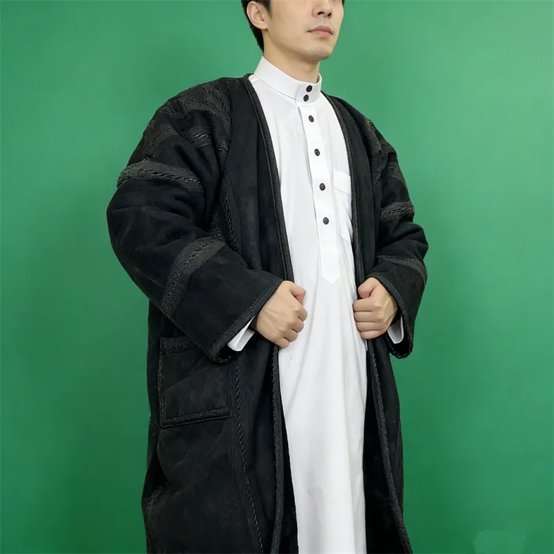 겨울용 두꺼운 따뜻한 인조 모피 주바 토브 사우디 아라비아 로브 비슈트 남성 무슬림 기모노 가디건 롱 코트 아바야 디쉬다샤 이슬람 의류