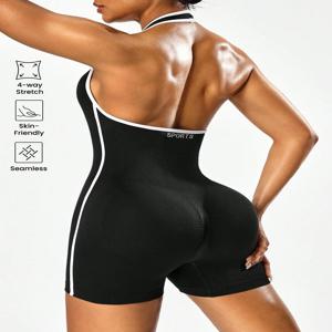 컬러 블록 디자인의 크로스바디 요가 점프수트, 여성용 백리스 운동 점프수트, 크로스보더 피트니스용 아우터웨어