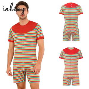 잠옷 점프슈트 남성용 버튼 홈웨어 스트라이프 긴팔 편안한 롬퍼 타이트핏 캐주얼 잠옷 성인 속옷