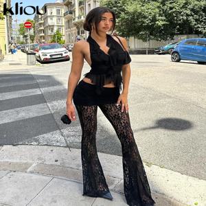 Kliou 레이스 쌓인 섹시한 바지 여성 세련된 솔리드 하이 웨이스트 스트레이트 바지를 통해 볼 트렌드 여성 매력적인 스트리트 레깅스