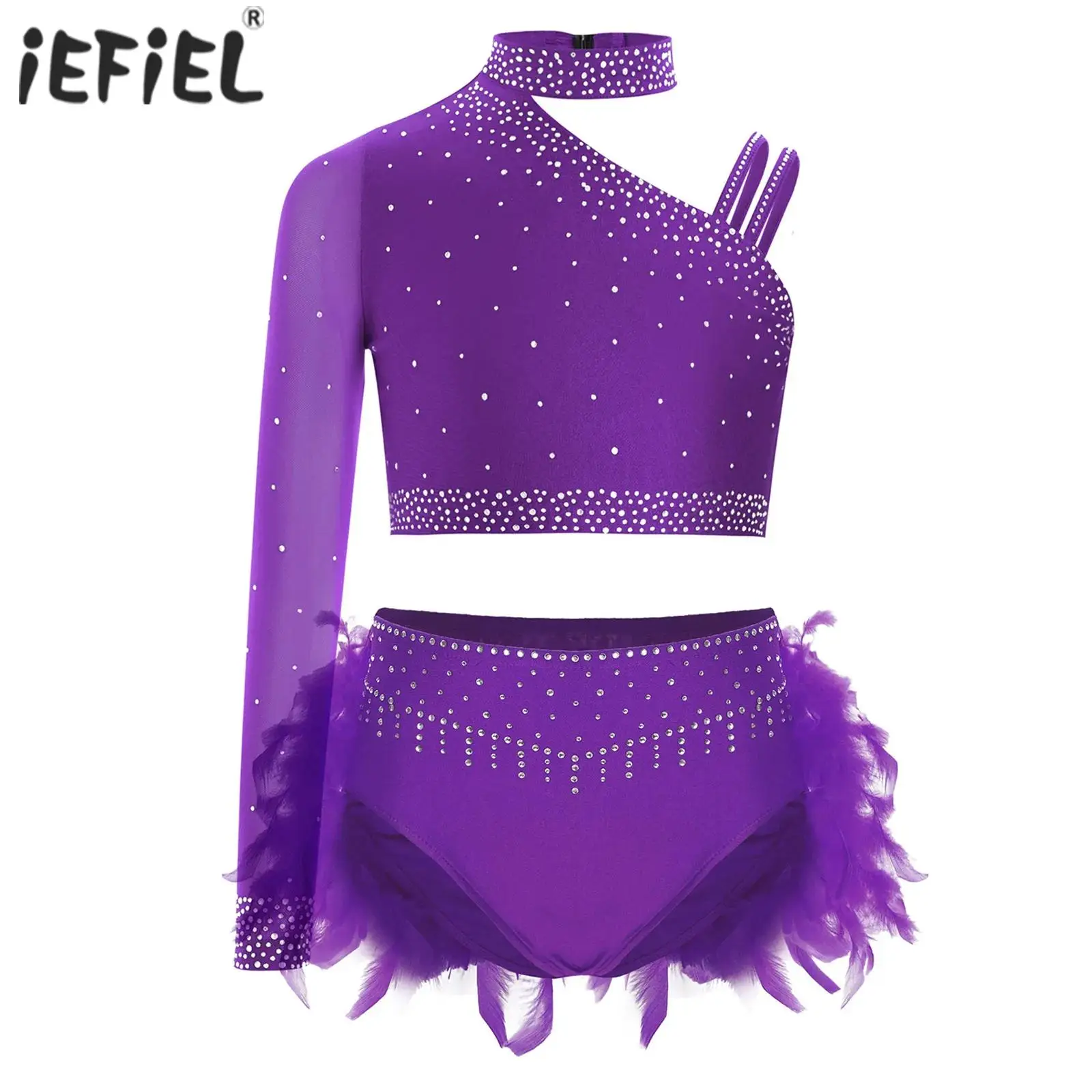 키즈 여자 발레 댄스 세트 공연 의상 라인 석 체조 탑 팬티 정장과 독특한 불규칙한 어깨 자르기 탑