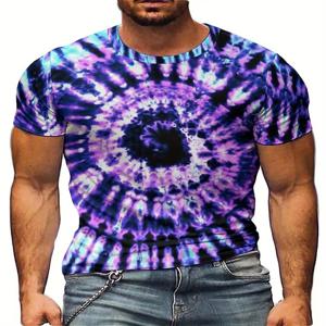 남성용 플러스 사이즈 퍼플 타이 염색 3D 프린트 티셔츠 - 부드럽고 편안한 폴리에스테르 원단, 통기성 및