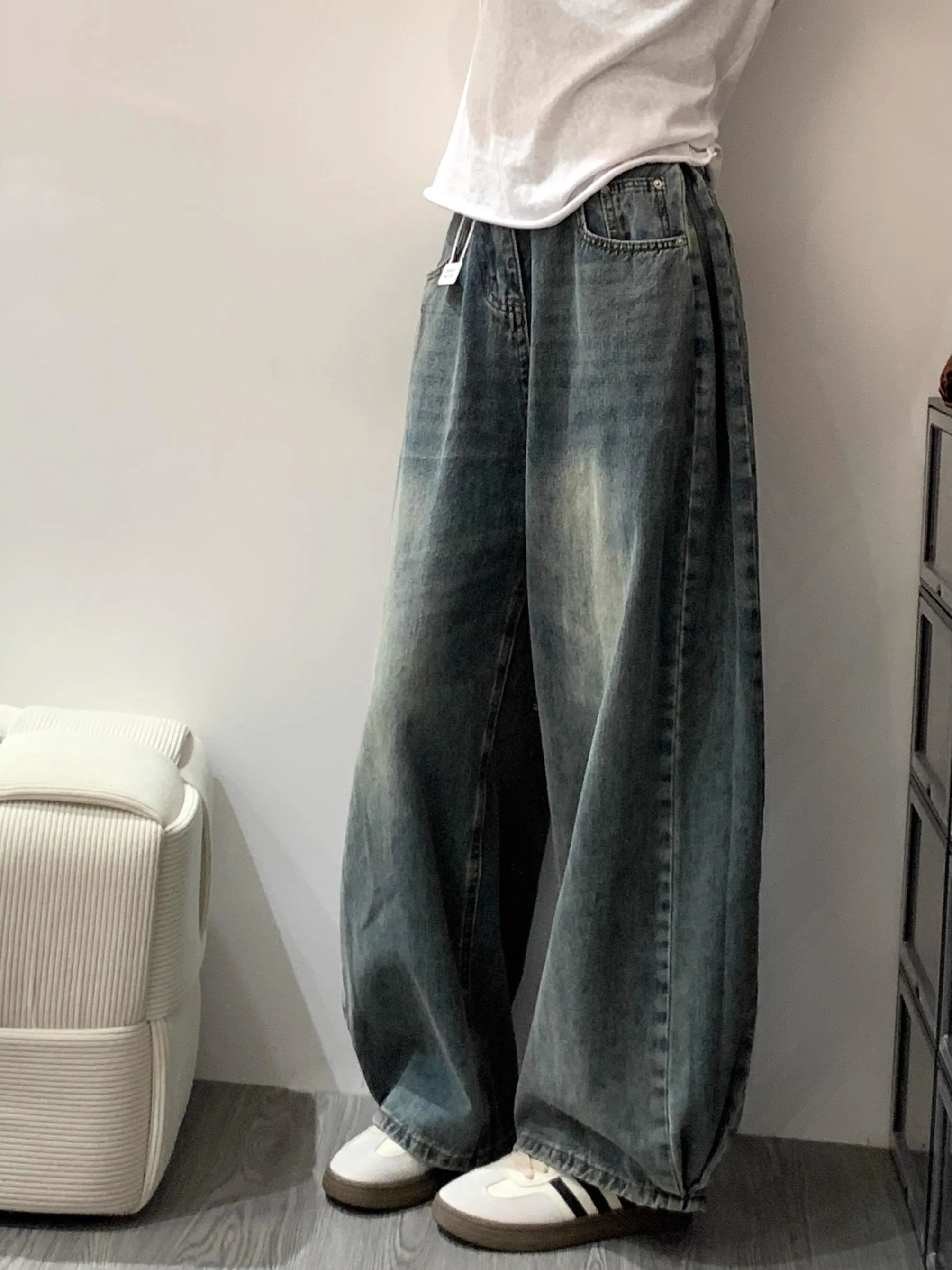 레트로 워싱 디스트레스드 나이프 엣지 데님 진 여성 플러스 사이즈 하이웨이스트 루즈 슬리밍 와이드 레그 팬츠 가을 스타일