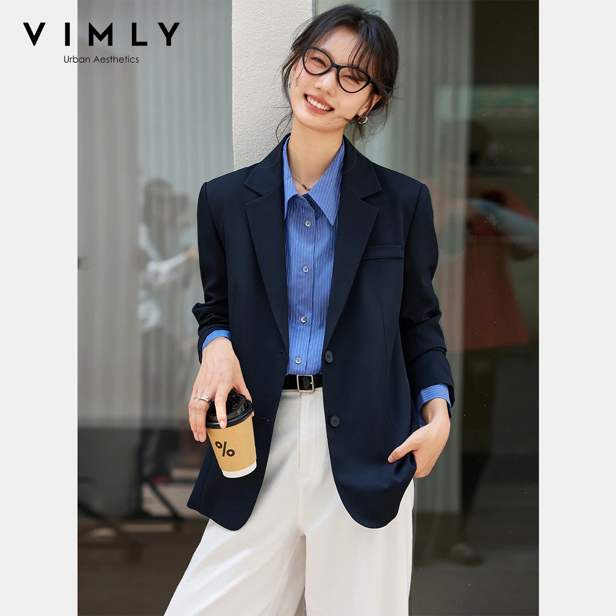 VIMLY 여성용 네이비 블루 재킷 가을 2025 오버사이즈 우아한 오피스룩 블레이저 노치드 여성용 신상 코트 및 재킷 A2360