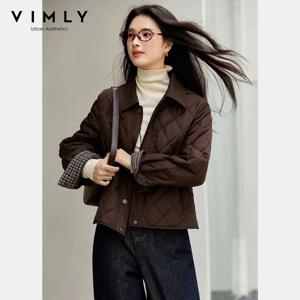 VIMLY 여성 빈티지 다이아몬드 퀼팅 패딩 코트 2025 겨울 오버사이즈 폴로 넥 파카 체크 스플라이스 커프 여성 아우터웨어 A2796
