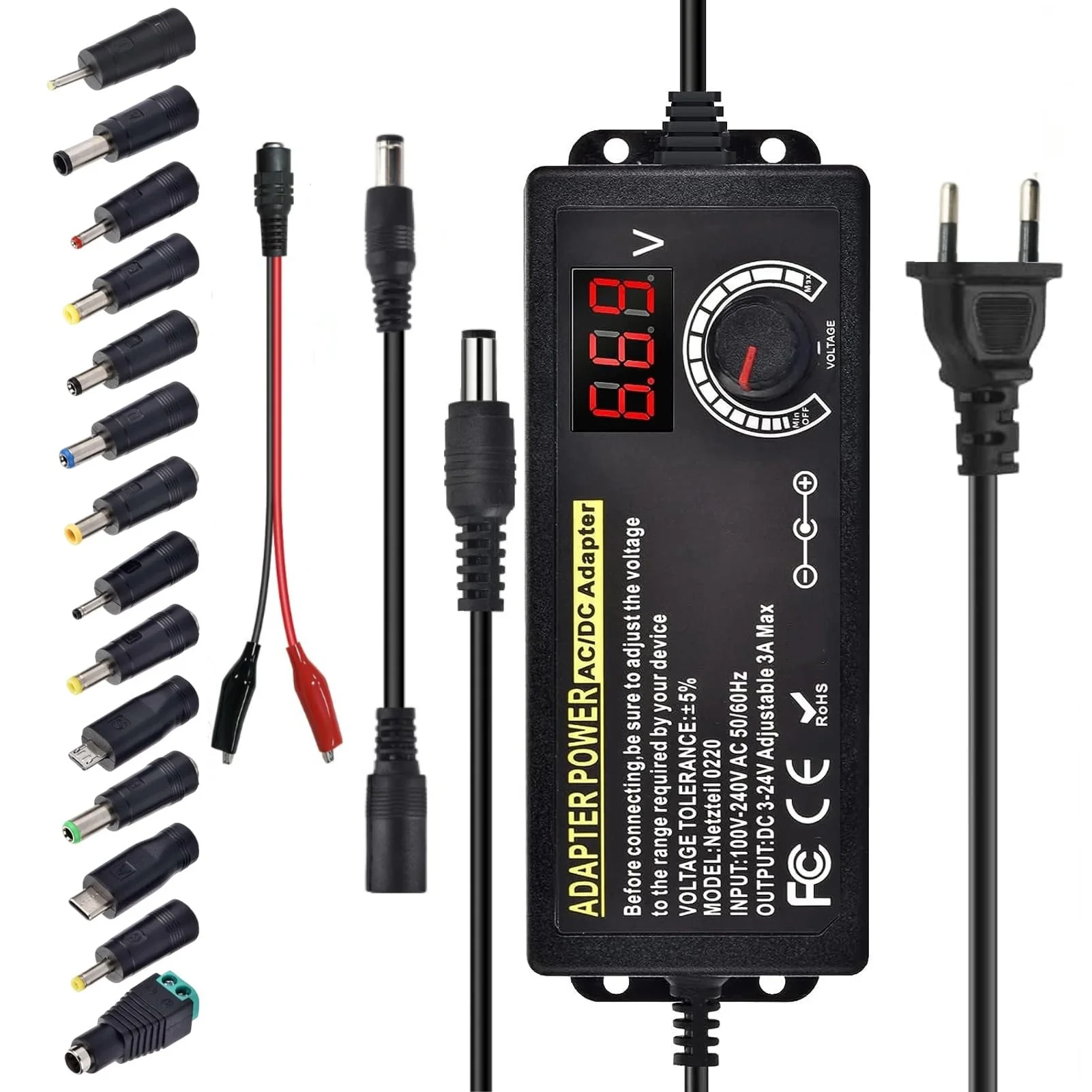 조정 가능한 전원 공급 장치 가변 AC-DC 전원 어댑터 실험실용 3V-24V-3A 미국/EU 플러그 여성용 가전제품 악어 클립 포함