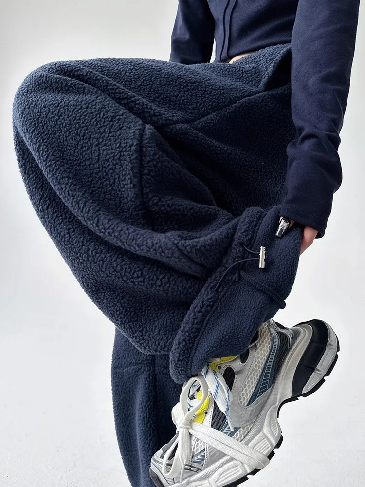 하이웨이스트 드로스트링 스트레이트 레그 플리스 안감 캐주얼 팬츠 여성용 두꺼운 겨울 신상 루즈핏 편안한 바지