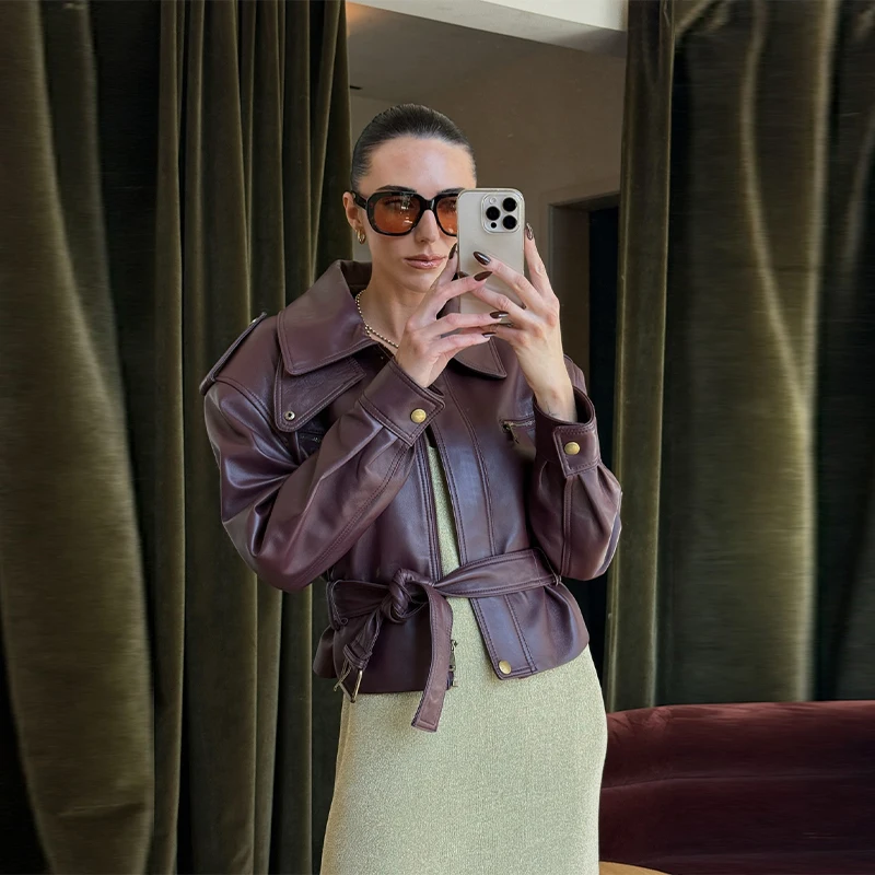빈티지 여성 가죽 재킷 스탠드 칼라 포켓 숏 코트 레트로 허리띠 지퍼 아우터웨어 2025 신상 가을 겨울 여성 재킷