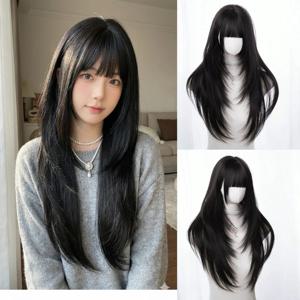 애슐리 블랙 가발(뱅 포함) 26인치 롱 스트레이트 가발 로리타 자연스러운 헤어밴드 합성 가발 고온 섬유 가발