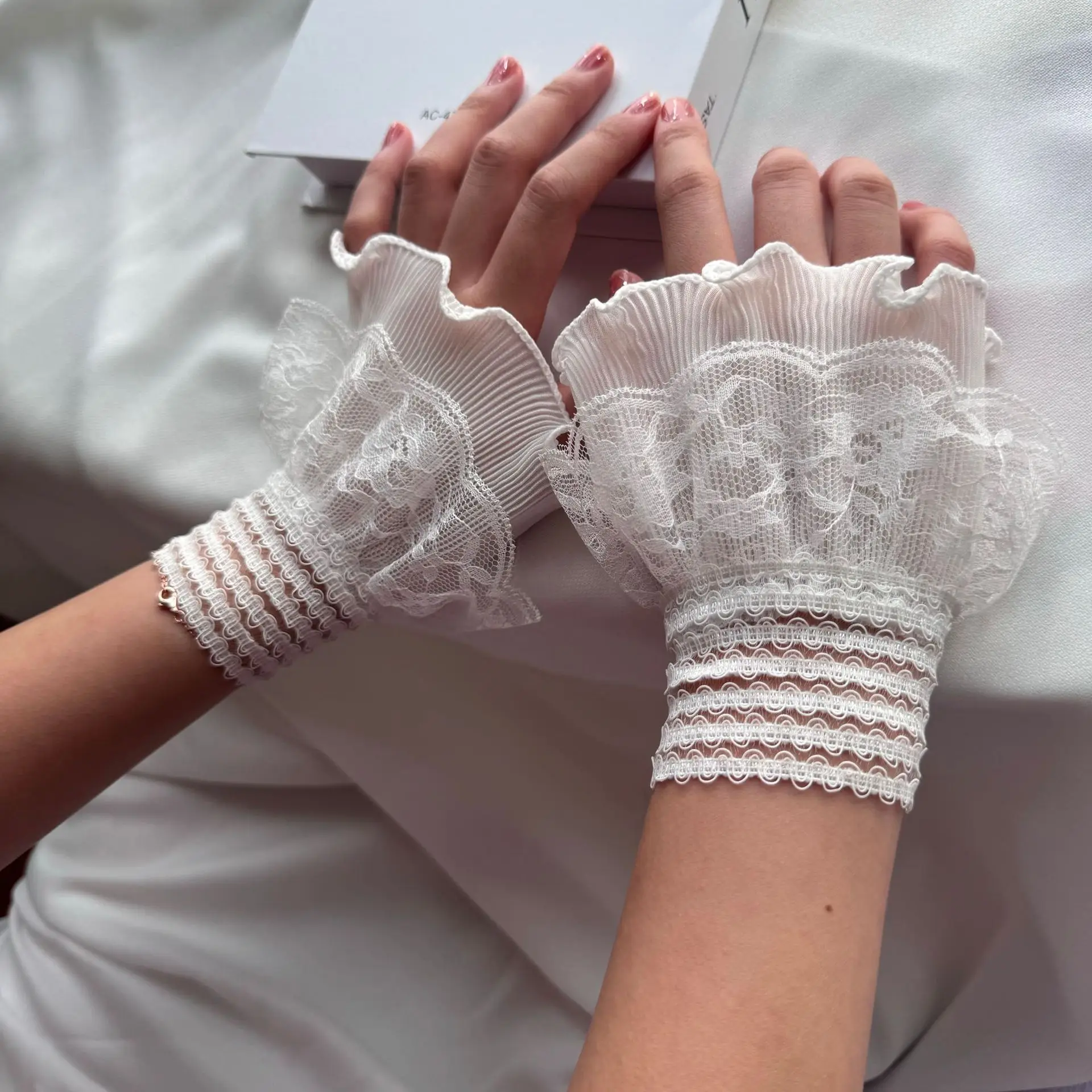 레이스 가짜 소매 장갑 손목 커프스 셔츠 가짜 소매 스웨터 레이스 소매 호른 커프스 우아한 연회 액세서리