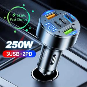 차량용 충전기 250W 5포트 고속 충전 PD QC3.0 USB C 차량용 휴대폰 충전 어댑터 (아이폰, 삼성, 화웨이, 샤오미용 전압 표시 포함)