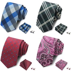 페이즐리/스트라이프 남성 넥타이, 포켓 스퀘어 및 커프스 버튼 3종 세트, 남성 정장 액세서리