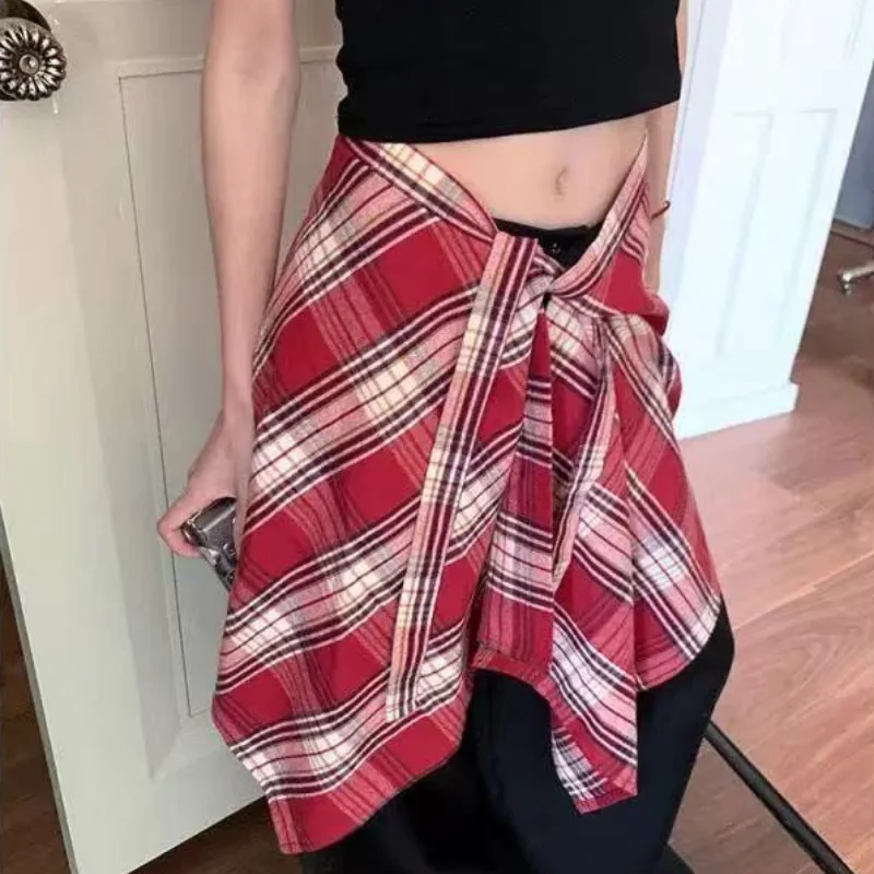 패션 하이 스트리트 레이어링 뉴트럴 플래드 스커트 커튼 원피스 레이스업 허리 드레싱 액세서리 슬리밍 팬츠 헴 데코