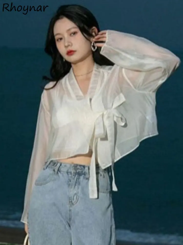 여성용 얇은 레이스업 자외선 차단 셔츠, 우아한 여성 휴가, 한국 패션, 스타일리시 빈티지, 하라주쿠 학생 레저 인스, 여름