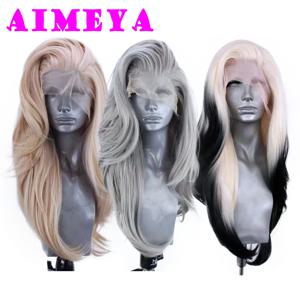 AIMEYA 실버 그레이 레이스 가발 내열성 합성 레이스 프론트 가발 긴 자연 웨이브 믹스 금발 레이스 가발 매일 사용 코스프레
