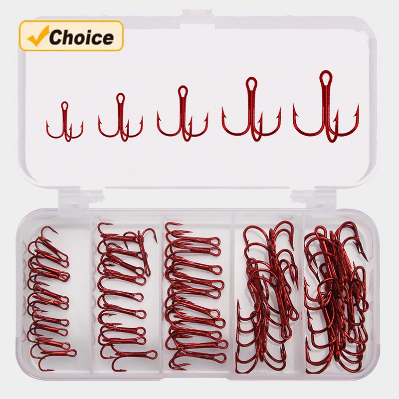 50개 상자 고탄소강 트레블 낚시 후크 2 #   4 #   6 #   8 #   10 #   바다 낚시용 빈티지 트리플 피쉬훅 세트 레드 앵커 훅