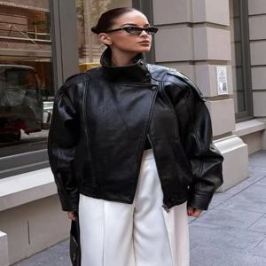 TFMLN 2025 여성 인조 가죽 루즈 재킷 하이 스트리트 스탠드 칼라 긴 소매 코트 패션 캐주얼 지퍼 아우터웨어 가을 겨울