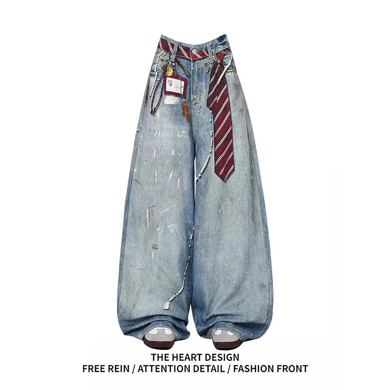 ZHIZOU 여성용 블루 Y2K 배기진 하라주쿠 빈티지 벤트 나이프 데님 바지 미학적 2000년대 스타일 청바지 오버사이즈 의류