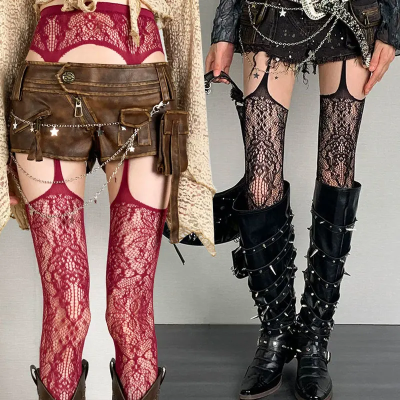 로리타 스위트 걸즈 펑크 스타일 플로럴 타이츠 컬러풀 허벅지까지 오는 스타킹 시어 피쉬넷 서스펜더 타이츠 가터 벨트 팬티호스