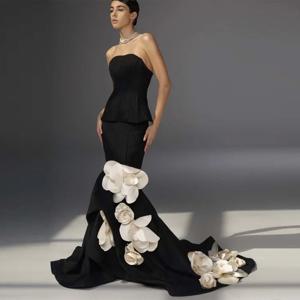 맞춤형 사우디 드레스 머메이드 스트랩리스 플로어 길이 이브닝 드레스 민소매 꽃 비즈 장식 웨딩 파티 드레스