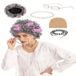 할머니 의상 세트 - 할머니 합성 가발, 가발 모자, 할머니 안경, 안경 고정 체인, 진주 목걸이