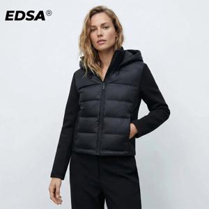 EDSA 여성 블랙 패딩 자켓 스토퍼가있는 조절 가능한 후드 하이 넥 긴 소매 사이드 포켓 ​​겨울 따뜻한 탑 겉옷