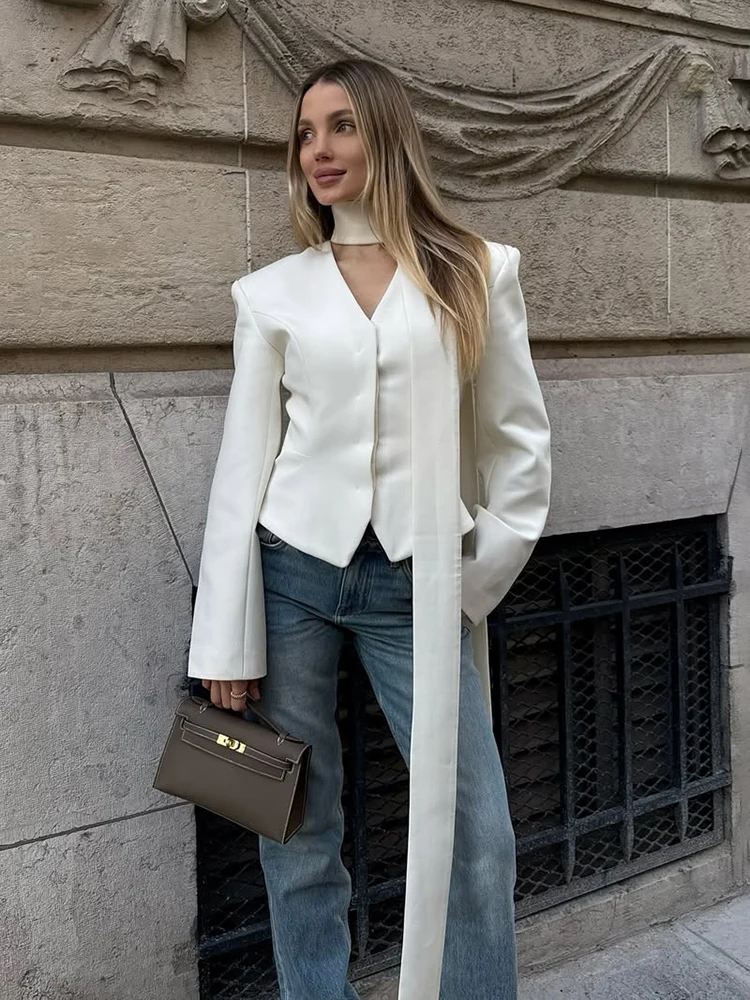 타르시 스트라이프 프린트 V넥 리본 수트 코트 여성용 긴소매 버튼 오피스룩 탑 우아한 여성용 새 블레이저 아우터