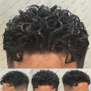 튼튼한 자연적인 헤어라인 사람의 모발 남성용 부분 가발 26mm 곱슬 관리 가능한 피부 베이스 # 1 제트 블랙 브라운 모발 모세관 보철물