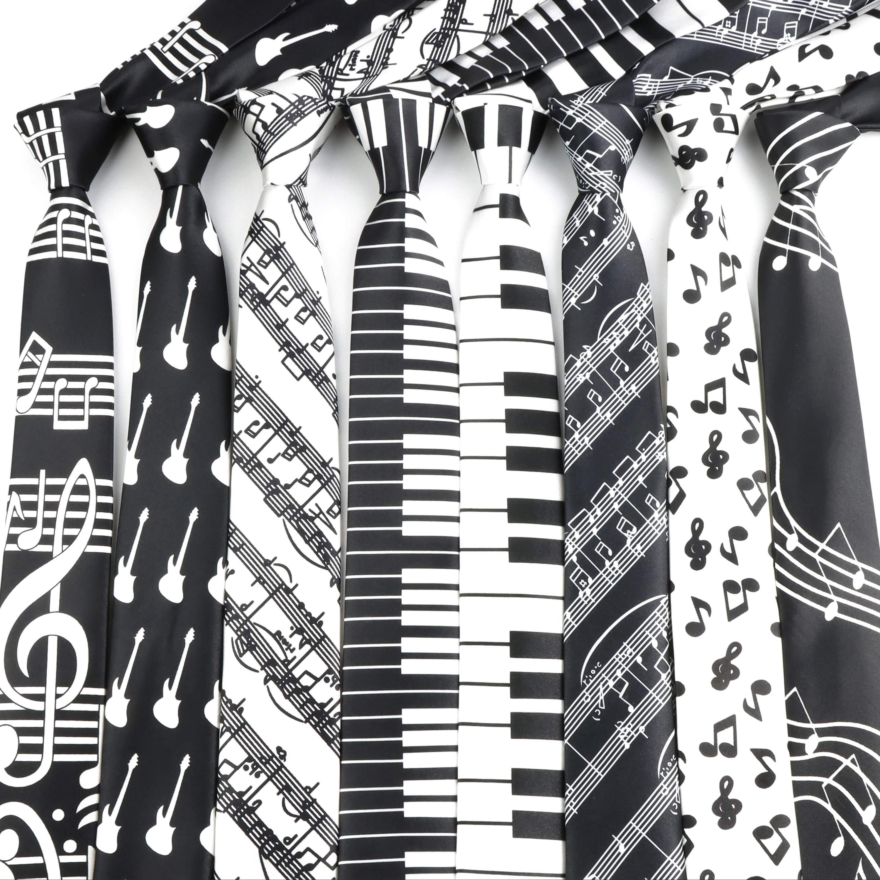 새로운 디자인 음표 프린트 타이 피아노 기타 스테이브 포커 패턴 슬림 네로우 스키니 5CM 넥타이 파티 펍 패션 액세서리