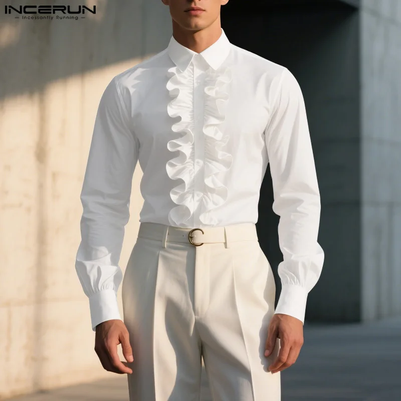 INCERUN 남성 셔츠 솔리드 컬러 라펠 긴 소매 버튼 루즈 남성 의류 러플 스트리트웨어 2025 우아한 패션 캐주얼 탑스