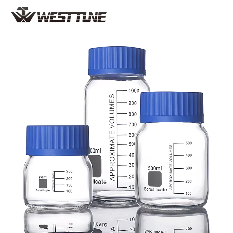 WESTTUNE 250ml/500ml/1000ml 졸업식 원형 유리 시약 병 실험실 투명 밀봉 병 (파란색 스크류 캡 포함) GL80