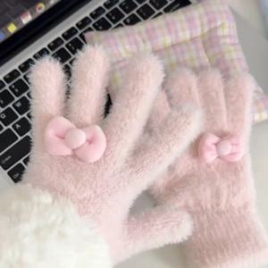 겨울용 여성용 플러시 귀여운 나비 매듭 니트 장갑, 동결 방지 사이클링 따뜻한 장갑