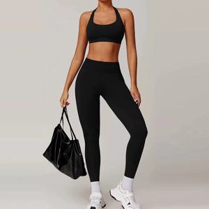 여성용 2PCS 심리스 요가 피트니스 슈트, 하이웨이스트, 타이트 핏 스포츠 브라 및 피트니스 팬츠 세트, 넥 행잉 백 디자인